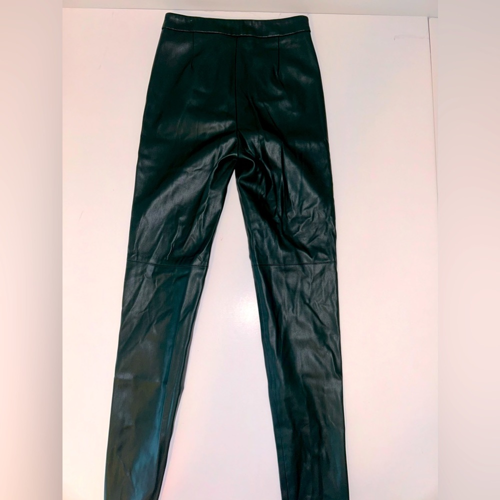ZARA forest green faux leather straight leg side zip ankle leggings sz XS - Picture 6 of 9
